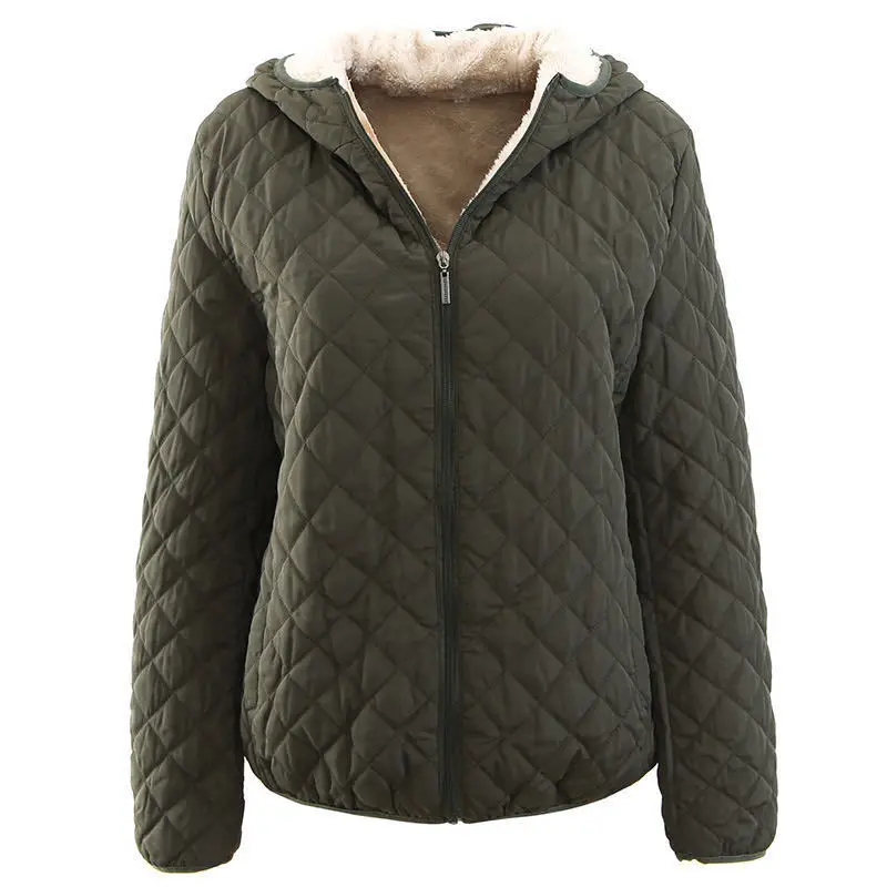 New Womens Clothing Korean Plaid Padded Jacket Autumn Winter Warm Lamb Wool Hooded Parker Outerwear Female Casual Cotton Clothes