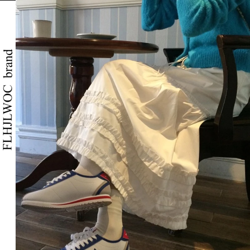 Shirring Waist White High Waist Long Maxi Skirt Korean Style Ruffle Hem Drawstring Ruched Patchwork A-Line Flare Long Midi Skirt