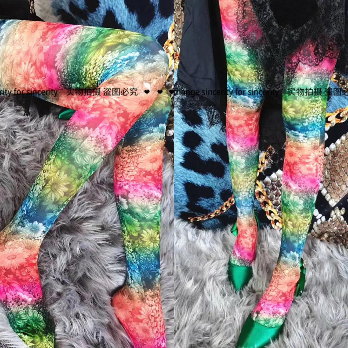 Angel In Stock Original Design 3D Printed Blooming Mult‑Flower Color‑Block Pantyhose, Cute Style Thin Women Fashion Tights