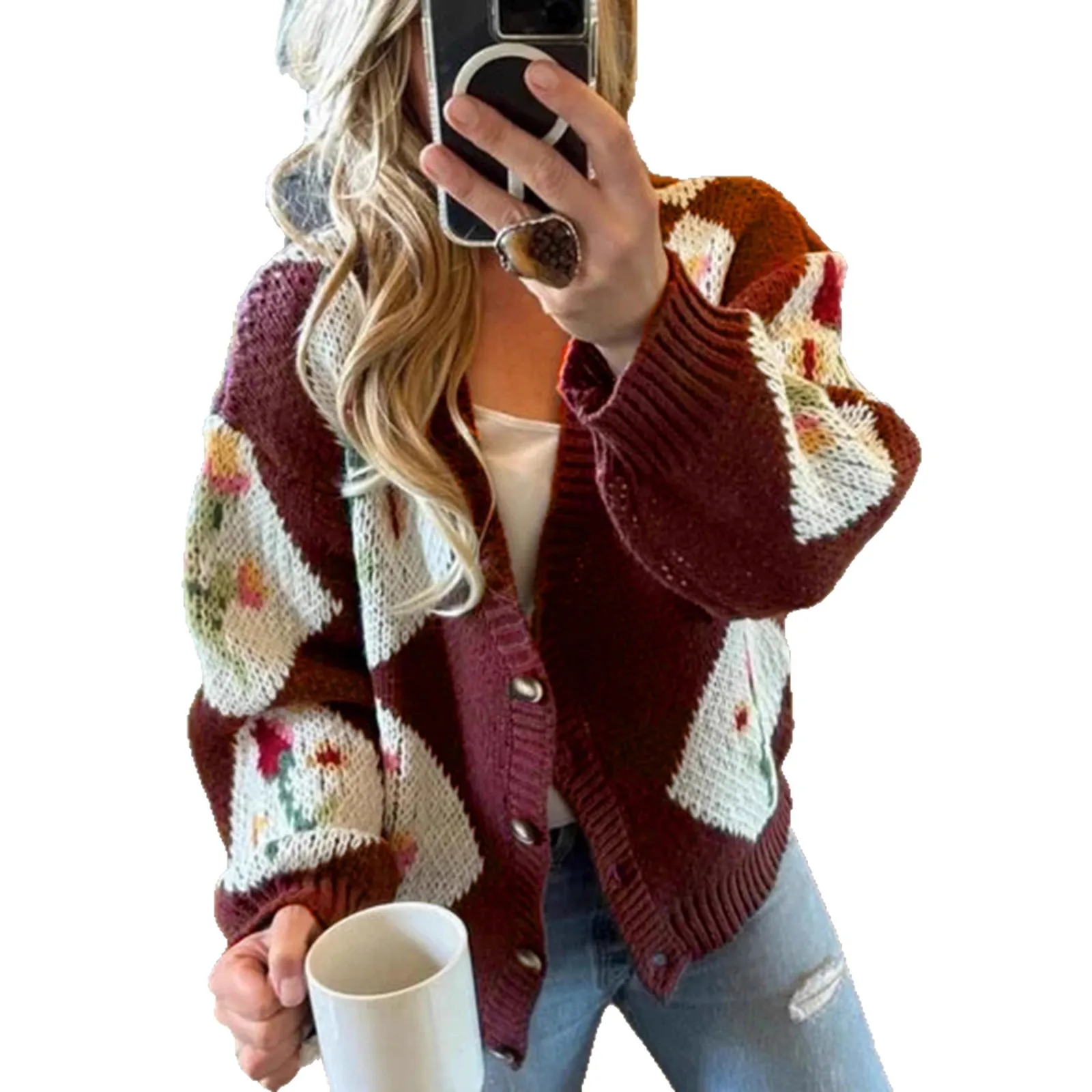 Sweet Flower Jacquard Women Cardigan Sweet Color Blocked Drop Shoulder Sweater For Female Versatile Single Breast Lady Knitwear