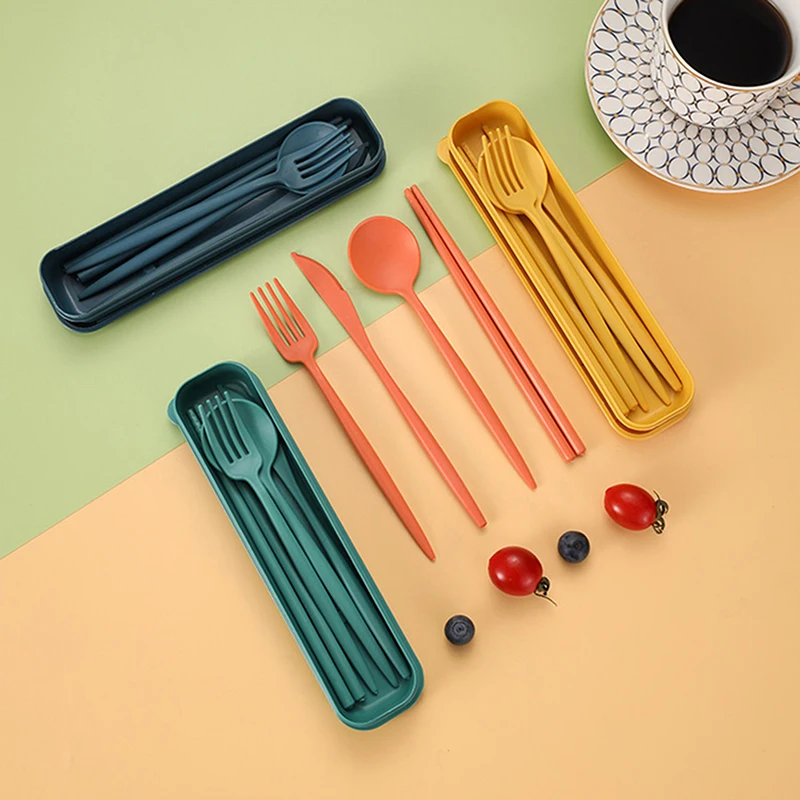 4 pçs utensílios portáteis com caixa saudável trigo palha talheres reutilizáveis pauzinho garfo faca colher conjunto de utensílios de mesa