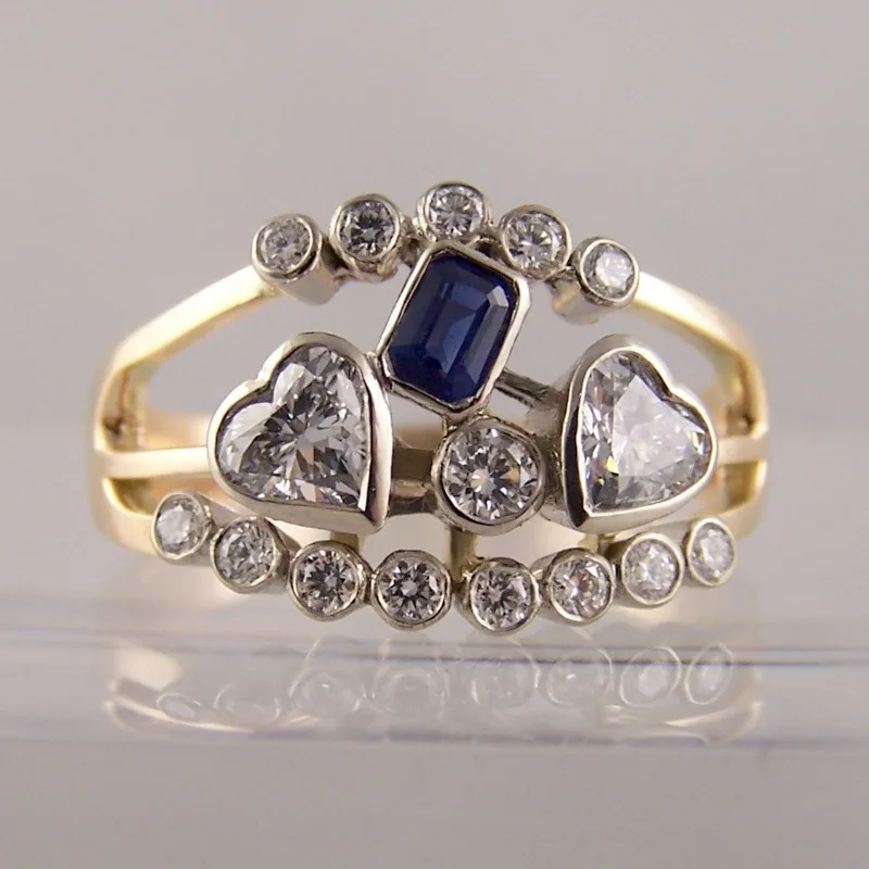 Exquisite Two Color Inlaid Blue White CZ Heart Women's Ring Geometry Daily Wear Party Jewelry