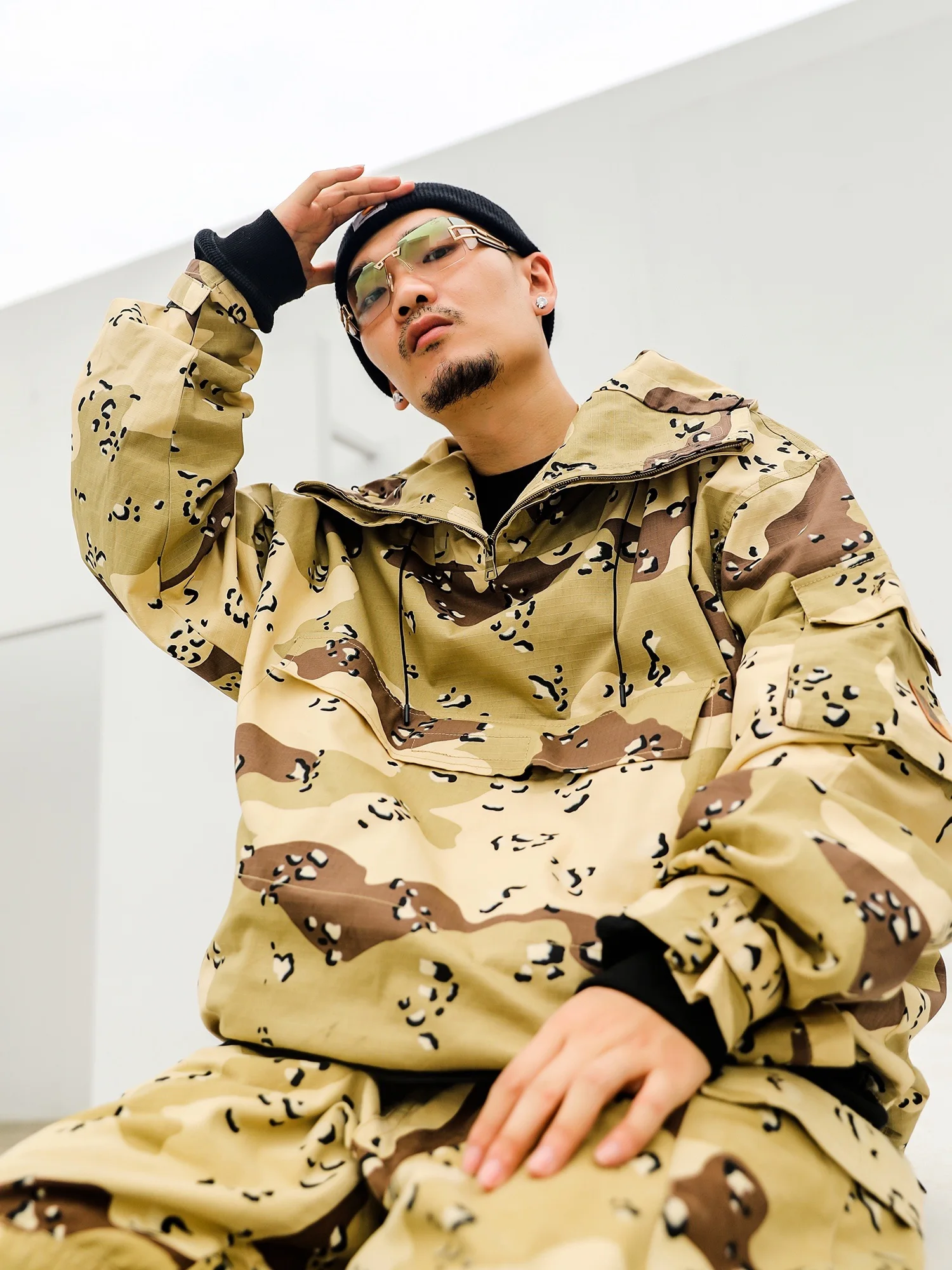 ACUSA Devil Fish Loose Hoodie Jacket Desert Camouflage East Coast Half Zipper Warm Cotton Polyester Blend Men's Winter Coat
