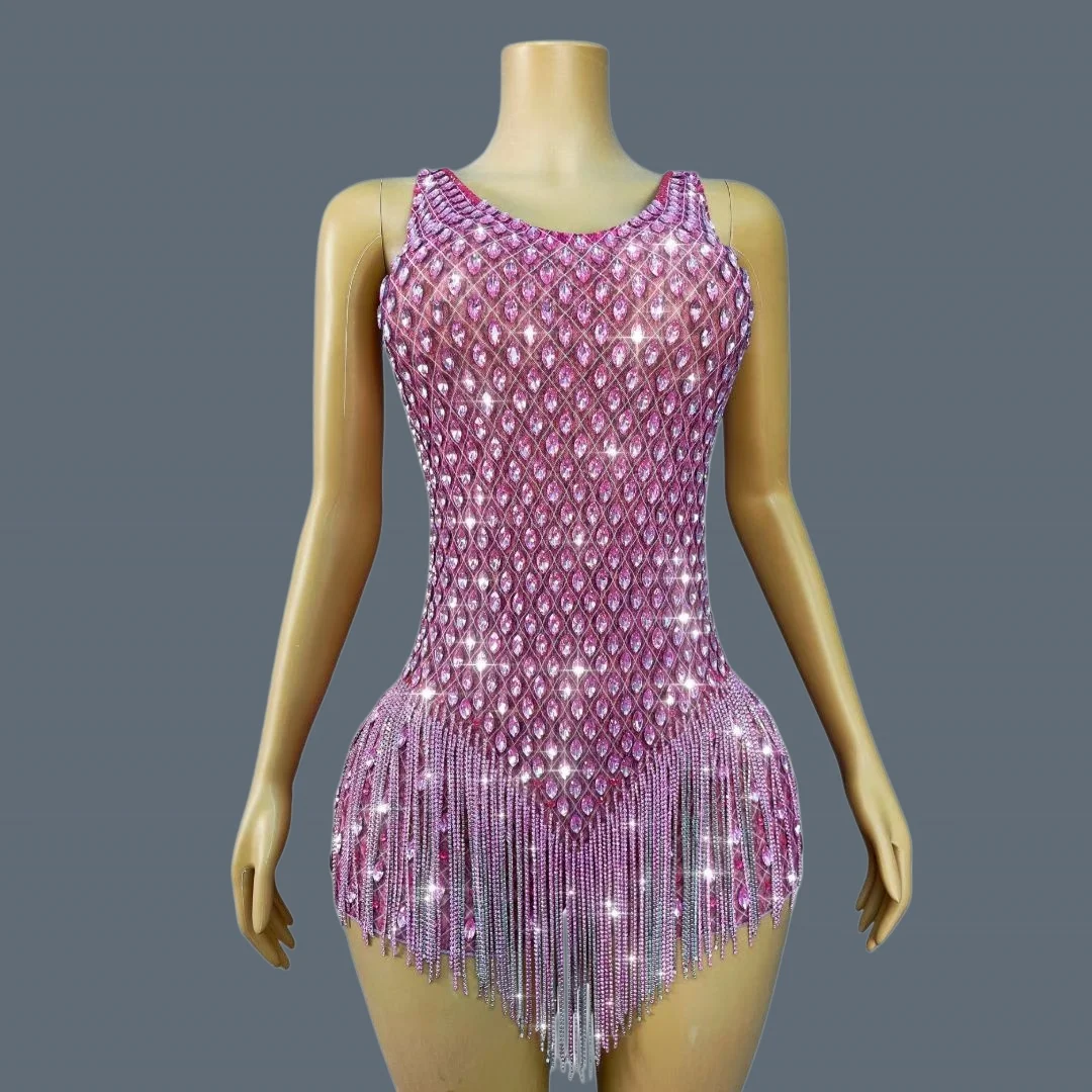 

Pink Rhinestone Tassel Sleeveless Bodysuit Bodycon Outfit Women Nightclub Party Drag Queen Stage Performance Costume Taohuayan