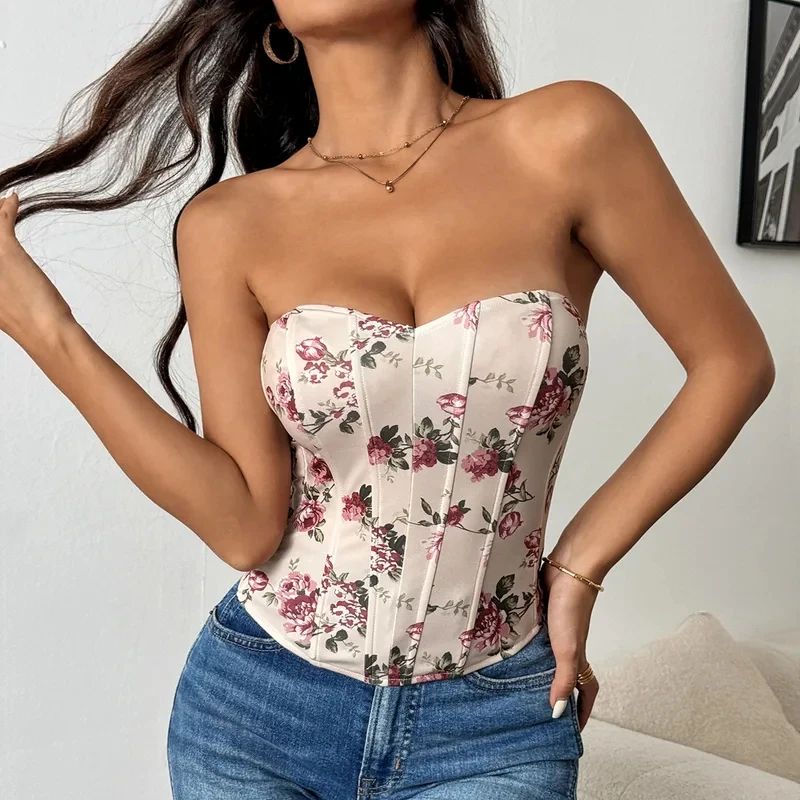 

Sexy Spice Girl Low Chest Backless Flower Printed Wrap Chest Rhombus Fish Bone Slimming Waist Bustier Corset for Women
