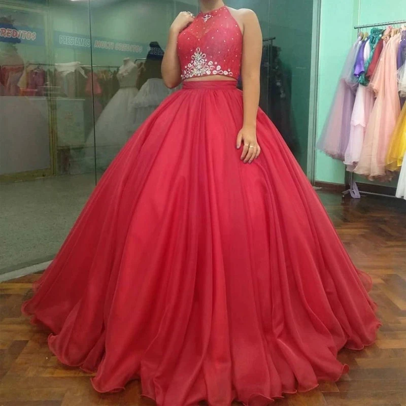 IRIDESCENT-Vestido Quinceanera sem costas para meninas, cabeçada vermelha, vestido de baile com cristais, vestidos de festa de 15 anos, 2 peças