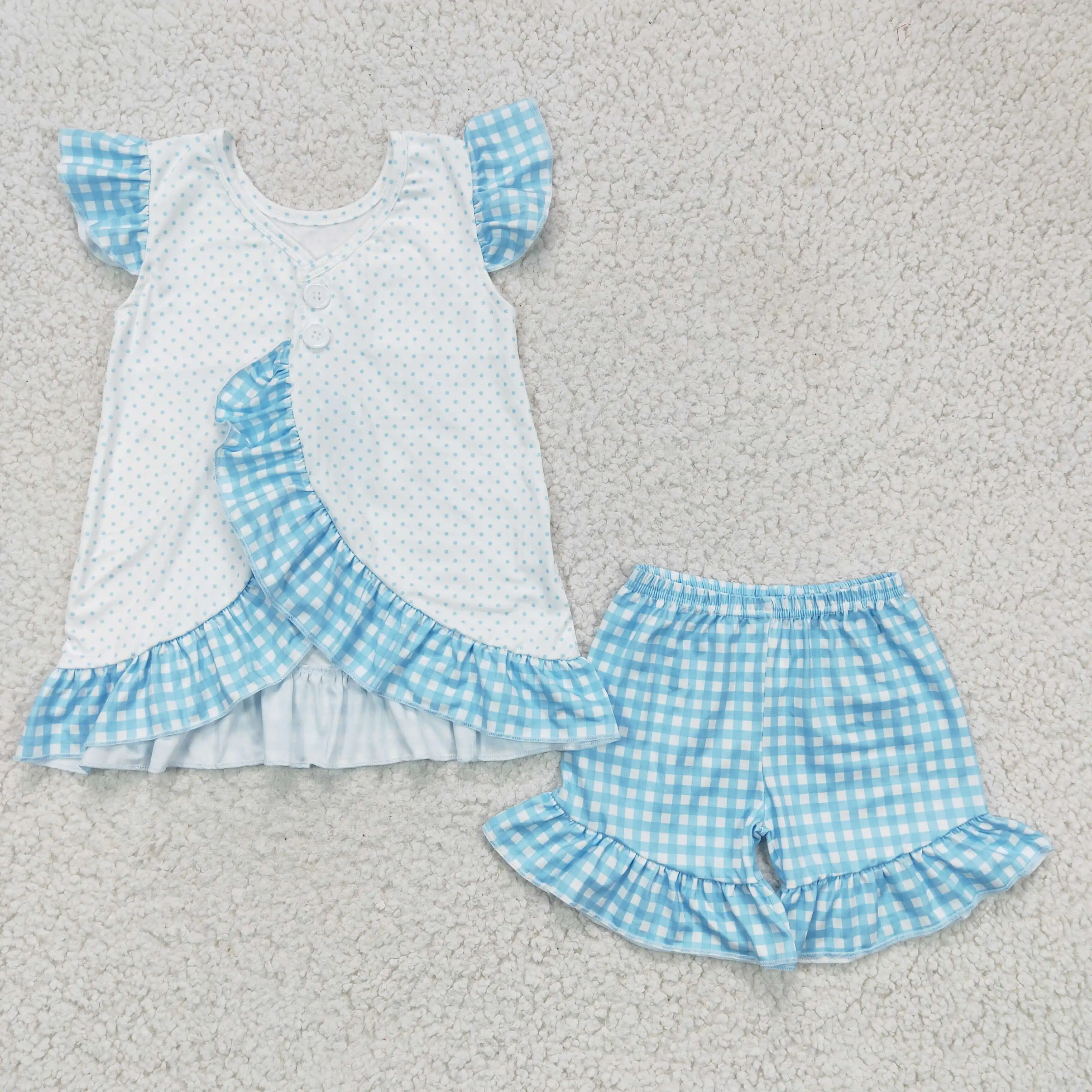 Z1110-07 GSSO0127 Kids Easter ClothesFlutter Sleeve Truck and Carrot Print Top Match Blue White Plaid Ruffle Shorts Set