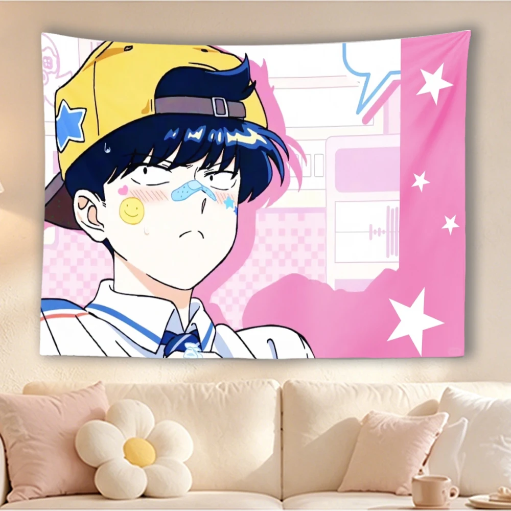 Y2K Kawaii Anime Boy Yellow Cap Bandage Face Pastel Pink White Star Tapestry Cute Manga Style Wall Hanging For Teen Bedroom Dorm