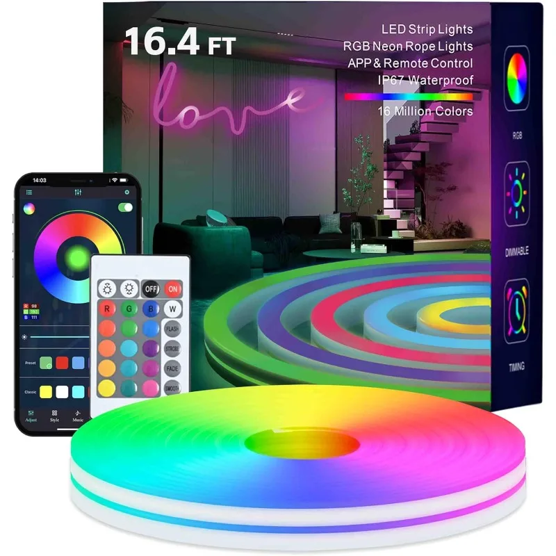 

Неоновые веревочные фонари, светодиодные ленты RGB длиной 16,4 фута, управление через приложение, ИК-пульт дистанционного управления, водонепроницаемость IP67, синхронизация музыки, гибкая технология DIY Desi