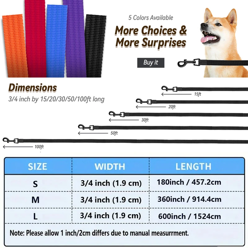 Long Nylon Pet Dog Leash For Small Big Dogs Outdoor Hiking Puppy Lead Rope Durable Labrodor Traction Belt 4.5/ 9/ 15FT Dog Leash