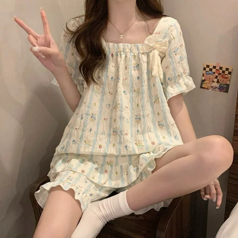 Women Summer Short Sleeve Pajama Set with Built in Bra Pads Sweet Bow Princess Style Loose Lightweight Loungewear