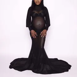 Maternity Sexy See Through Dress Mesh Turtleneck Lantern Long Sleeve Dress For Photography ( Underclothes Not Included)