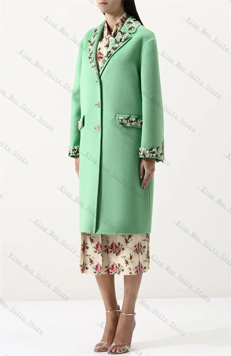 Kasjmier groen damespak 1-delig lange blazer bloemwol galajurk op maat gemaakte winter formele kantoorgast bruiloft smoking jas