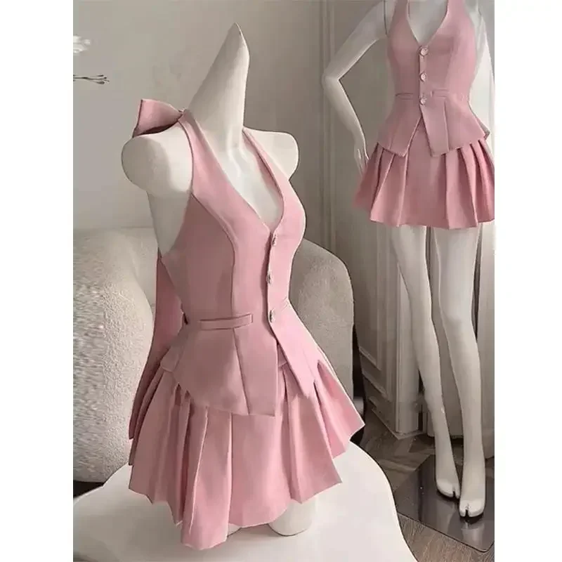 

Fashion Pink Skirt Set Summer New Backless Bow Halter Top Spicy Girl Slim Tank Top Pleated Skirt Two Piece Set Women Outfits