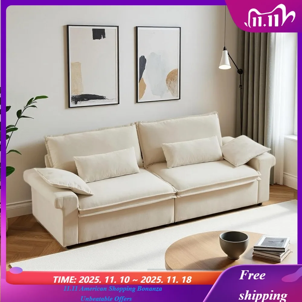 Sofá de 94 polegadas, sofá grande com braços largos, sofá moderno de 3 lugares com almofadas, tecido de chenille, almofada de assento profunda