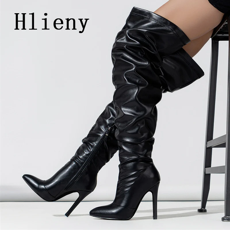 

Hlieny 2024 Winter Fashion Pleated Women Long Boots Thin High Heels Ladies Boots Sexy Knee High Slip On Pointed Toe Botas Shoes