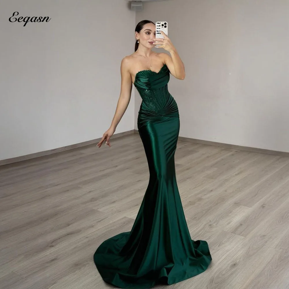 

Вечерние платья Eeqasn Green Mermaid без рукавов, атласные, в пол, с корсетом, для выпускного вечера, на заказ