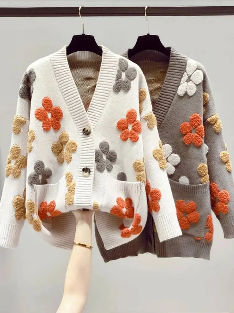 2025 Autumn And Winter Fashion New Women's Knitted Long-sleeved V-neck Sweater Cardigan Jacket Women Loose Casual Jumper Top image 5