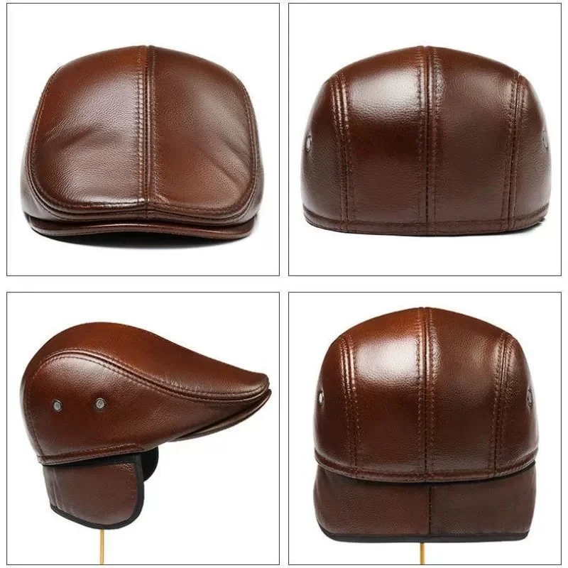 Men's Leather Cap: Classic Baseball Cap, Autumn/Winter Cowhide, Warm, Ear-Covering, “Dad's On the Move” Cap
