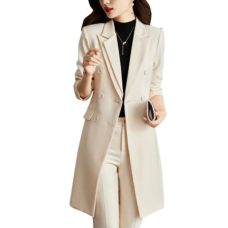 Women\'s Formal Lengthen Blazer Business Suits,Female Winter High End Fabric Office Clothes, Ladies Jacket and Long Pants 2 Pcs