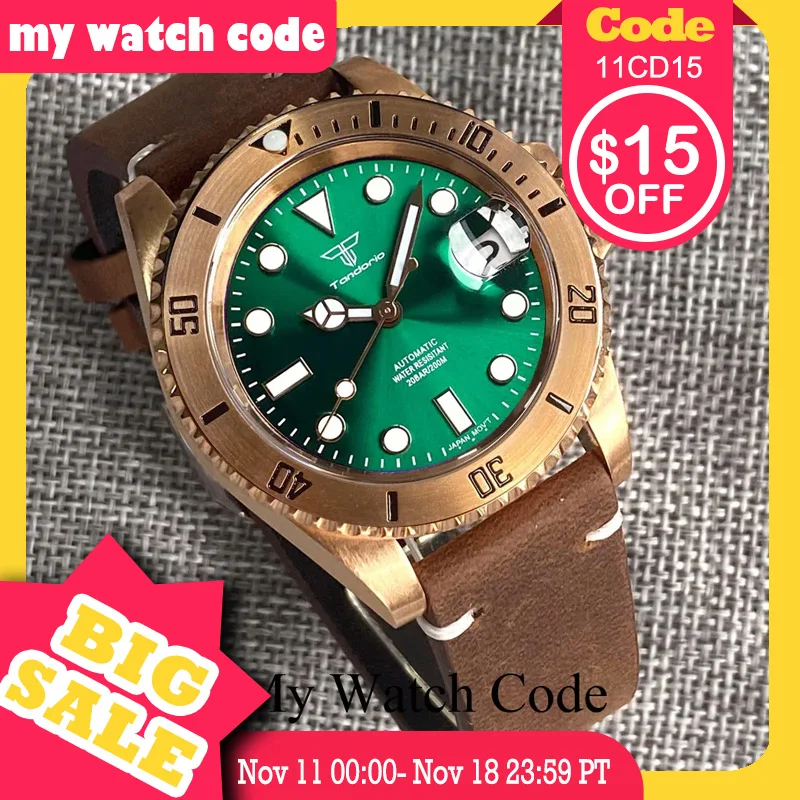 

Tandorio Real Bronze Diver Mechanical Watch Men Sunburst Green Wristwatch NH35 Movt Leather band Vintage Waterproof Lume Clock