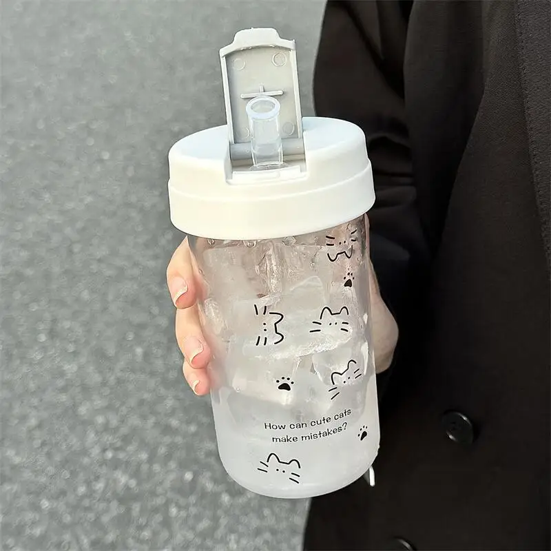 500ml Cute Cat Print Leakproof Straw Cup Portable Reusable Water Bottle for Women Girls Coffee Milk Juice Office School Travel view 3