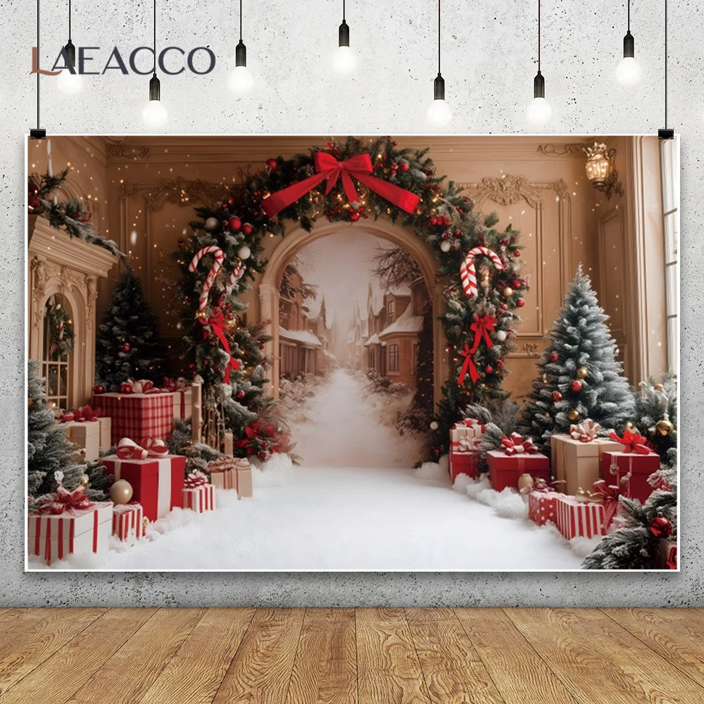 Winter Christmas Photography Background Arch Door Xmas Tree Chic Wall Gift Indoor Decor Banner Kids Portrait Photocall Backdrops