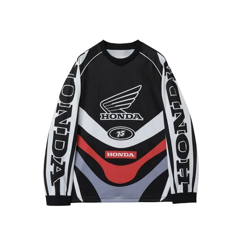Summer New Family Matching Black O-Neck Long Sleeved Racing Suit Motocross Oversized Breathable Casual Sports Top Men Women
