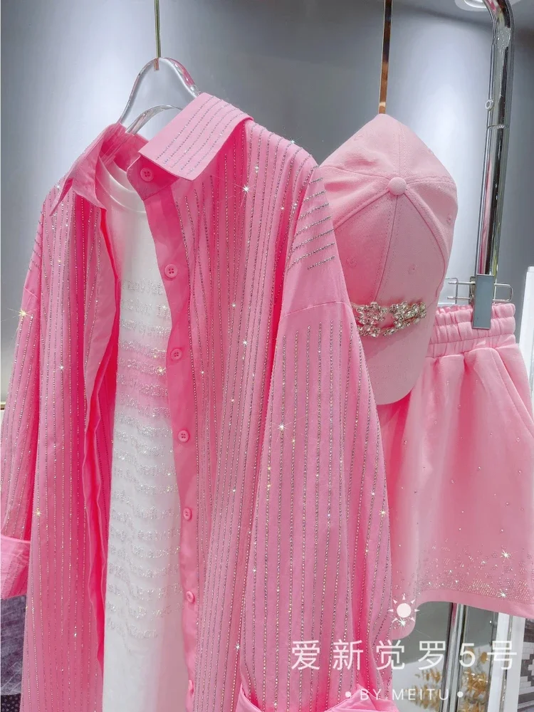 Pink Striped Diamonds Shirts Spring Loose Hot Drilling Blouses OL Sequined Cardigan Streetwear Turn Down Collar Crop Tops Blusas