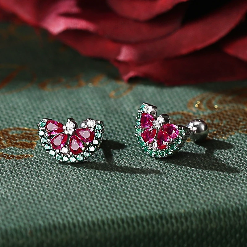 925 فضة موضة لطيف البطيخ على شكل الزركون وأقراط الهدايا الإبداعية المرأة مجوهرات الصيف حفلات أعياد الميلاد