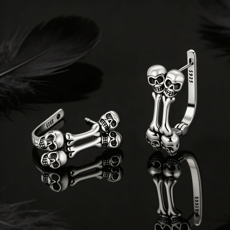 Halloween Skeleton Bone Skull 925 Sterling Silver Hoop Earring U Shape Pendientes Woman Jewelry