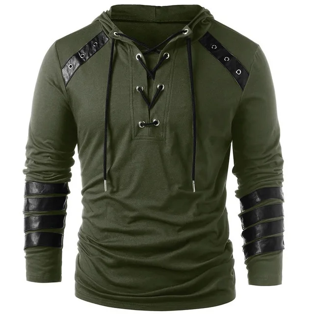 Adult Men Medieval T-shirt Gothic Steampunk Sweatshirt Lace Up Long Sleeve Pullover Hooded Tee Halloween Shirts Tops chemise