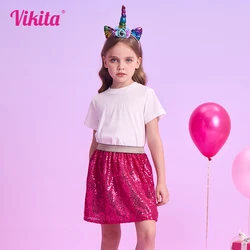 VIKITA Girls Sequined Appliqued Skirts Kids Red Performance Stage Birthday Party Prom Gown Princess Mini Skirt Children Clothing