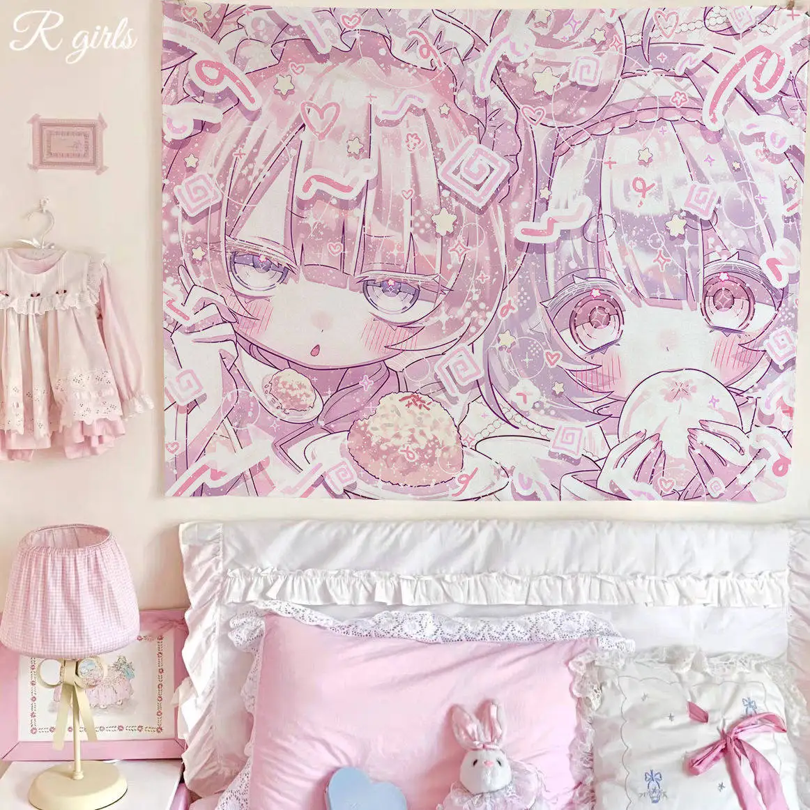VIKAMA Japanese Cute Girl Anime Tapestry, Y2K Girlish Healing Wall Hanging for Bedroom