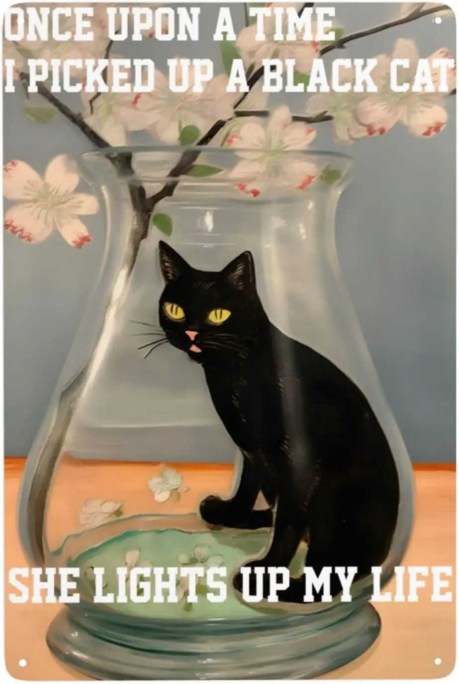Black Cat Glass Flowers Vintage Metal Tin Sign Once Upon A Time I Picked Up A Cat And She Lights Up My Life Retro Metal Tin sign