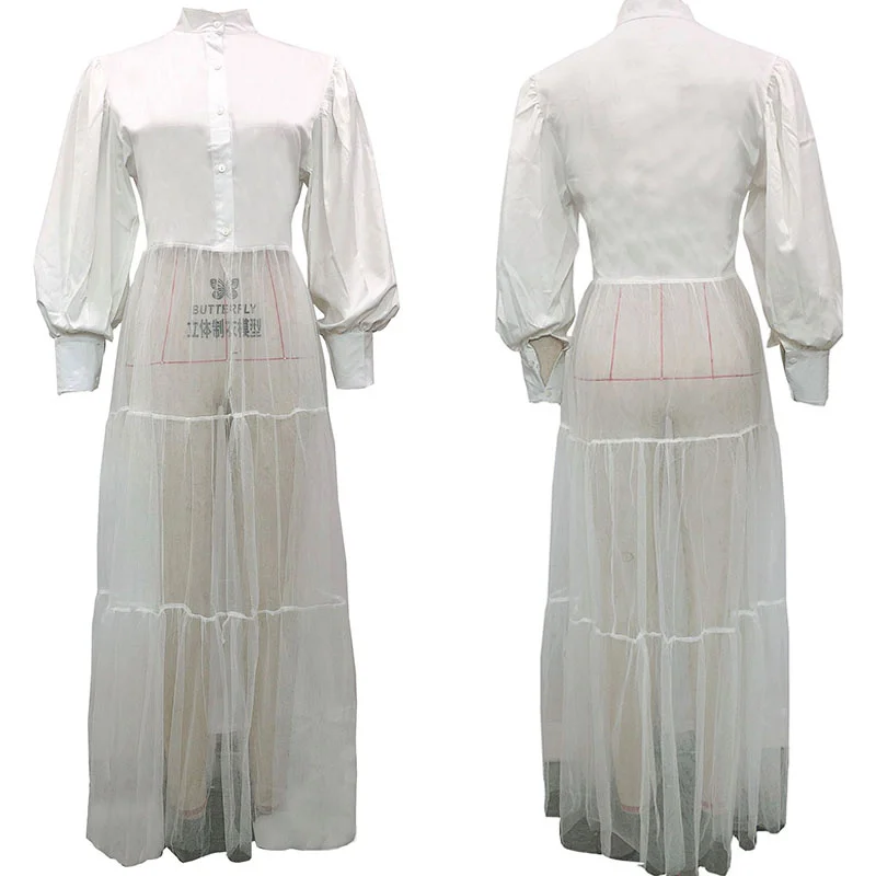 メッシュパッチワークホワイトシャツドレス秋服女性用ボタンアップランタンスリーブロングドレスストリートウェアナイトクラブパーティードレス