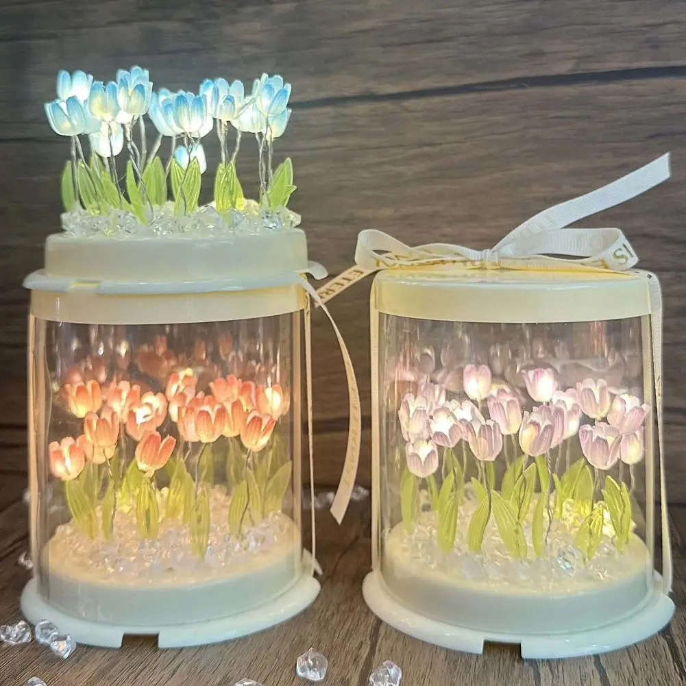 ضوء الليل توليب، مصباح مرآة LED DIY أضواء زينة المنتج النهائي زهرة اصطناعية مصباح طاولة بجانب السرير هدية إبداعية