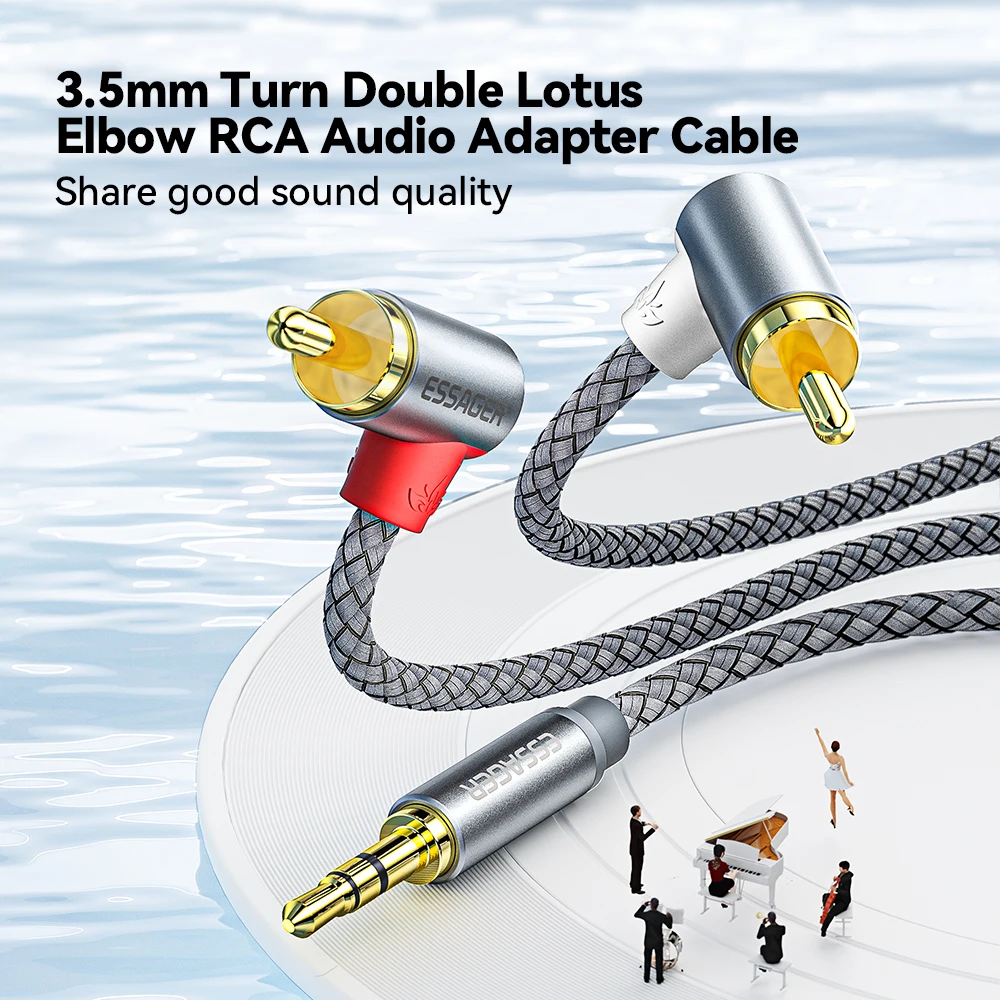 Essager-Cabo Splitter Masculino, 90 ° Cabo RCA, 3,5mm para 2RCA AUX, Cabo de Áudio Estéreo, TV, PC, amplificador, DVD, Headphone Cabo Speaker