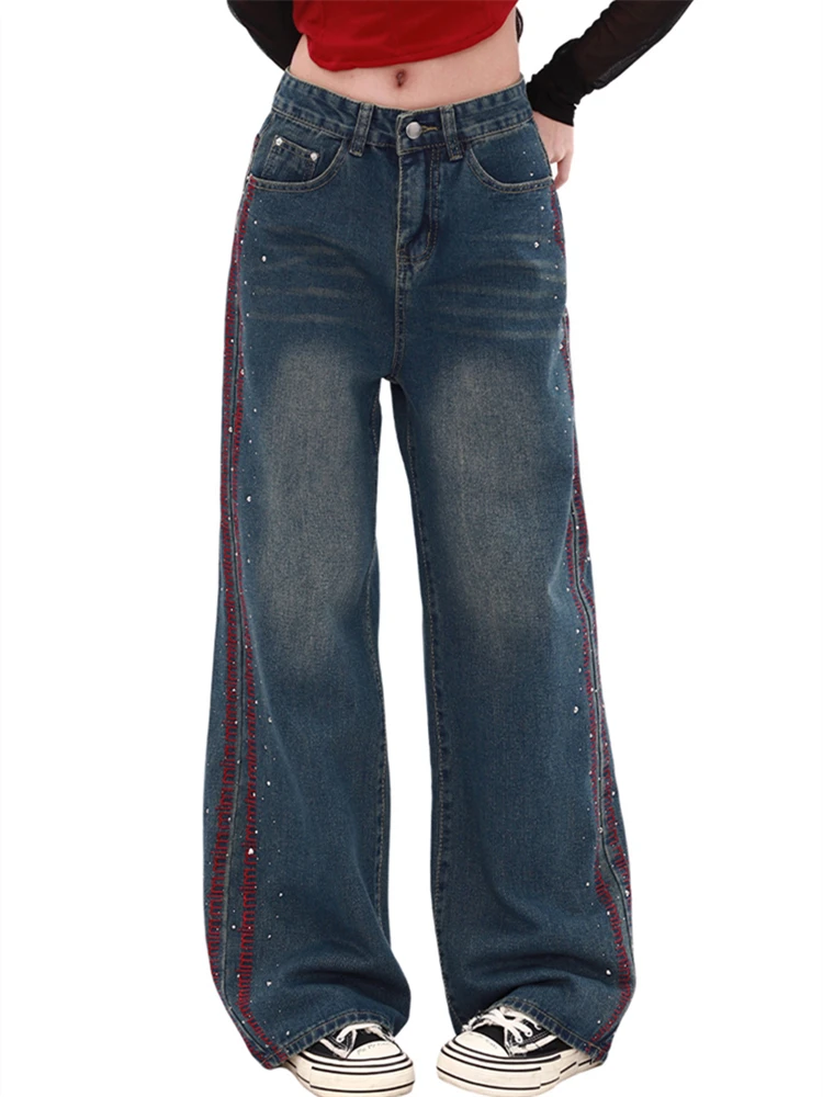 

Женские широкие синие джинсы с вышивкой горячего тиснения, уличная одежда с высокой талией, винтажные брюки для девочек, женские повседневные джинсовые брюки