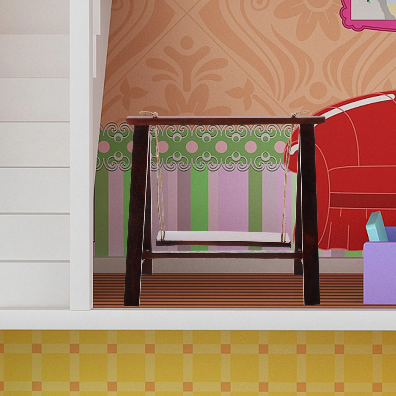 

Miniature Wooden Swing for Dollhouse Decoration Realistic Garden Scene Accessory Tiny Porch Swing Ornament Mini House Furniture