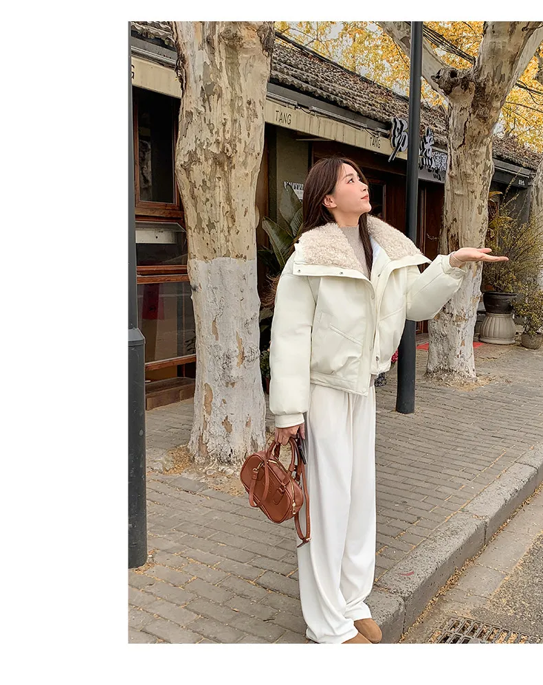 2026 Winter New Thick PU Leather Coat Women Cropped Fluffy Lapel Collar Padded Jacket Female Zip-up Streetwear Cool PU Parkas