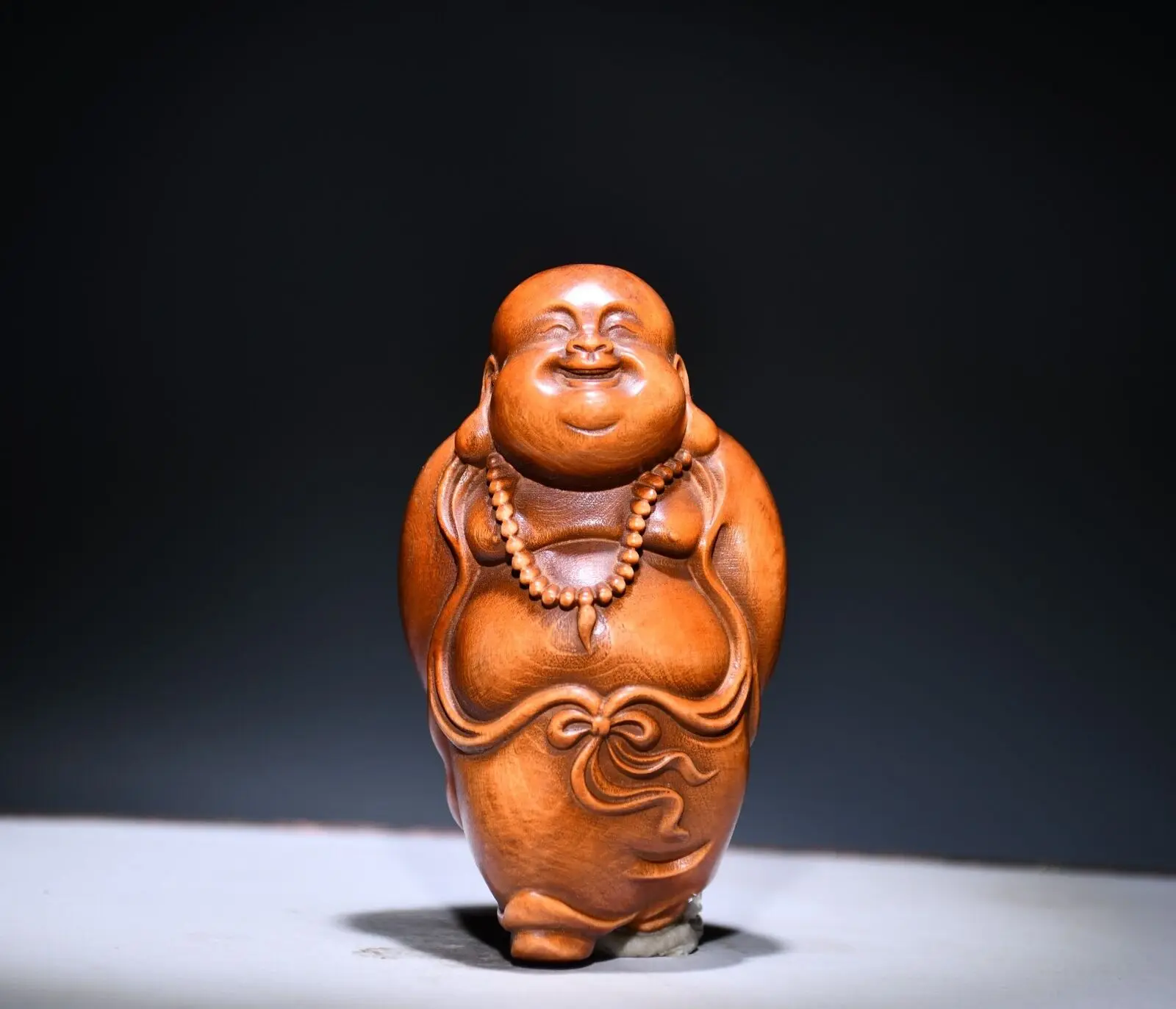 

3.1" Chinese Box-wood Hand Engraving Buddhism Maitreya Buddha Statue