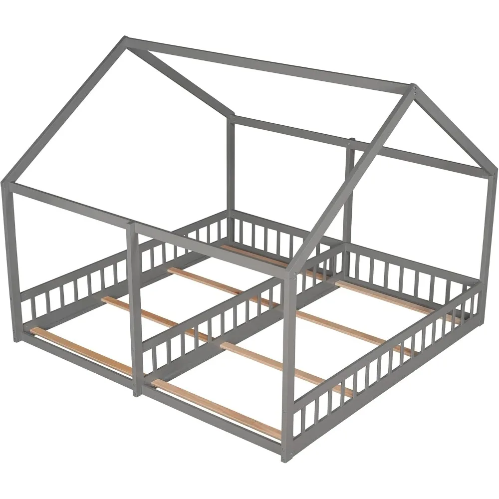 Lit double double pour 2 enfants, lit partagé double avec rambardes de clôture, cadre de lit au sol de la maison, taille jumelle avec toit ou enfants