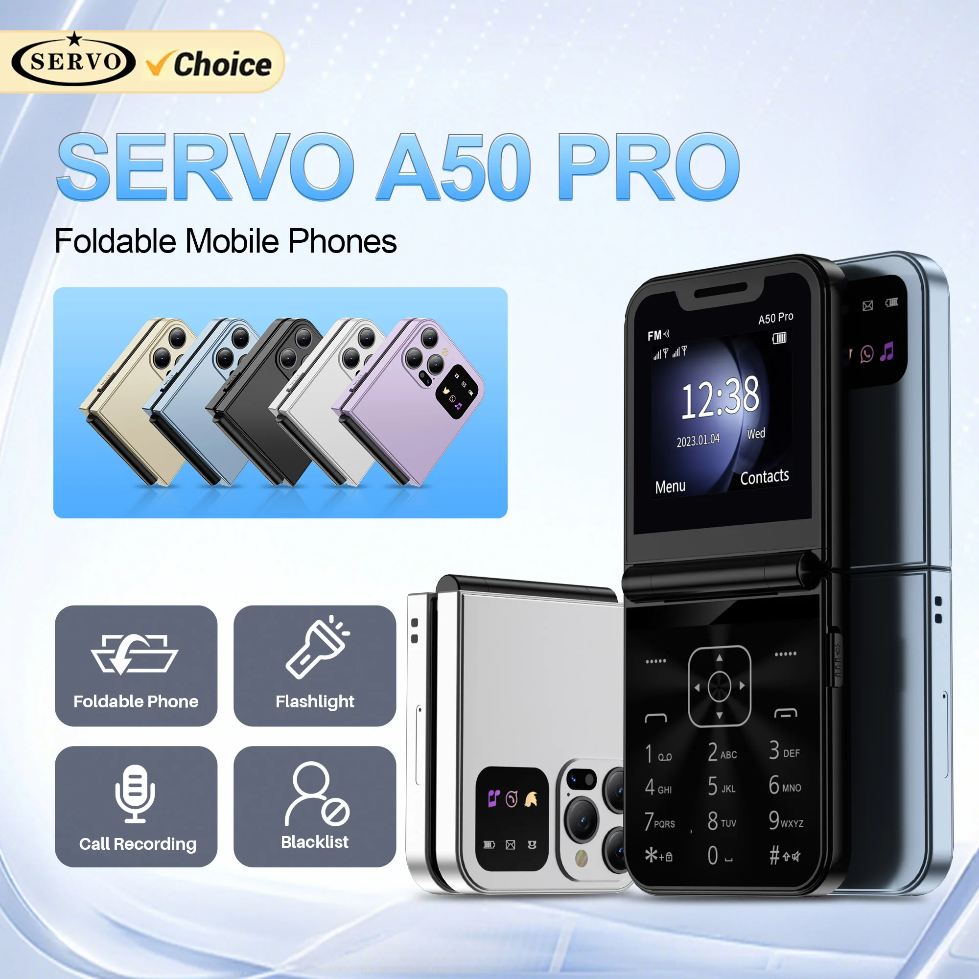 SERVO A50 Pro Flip Mobile Phone Dual SIM Standby Call Recording Speed Dial Torch Magic Voice 2.4