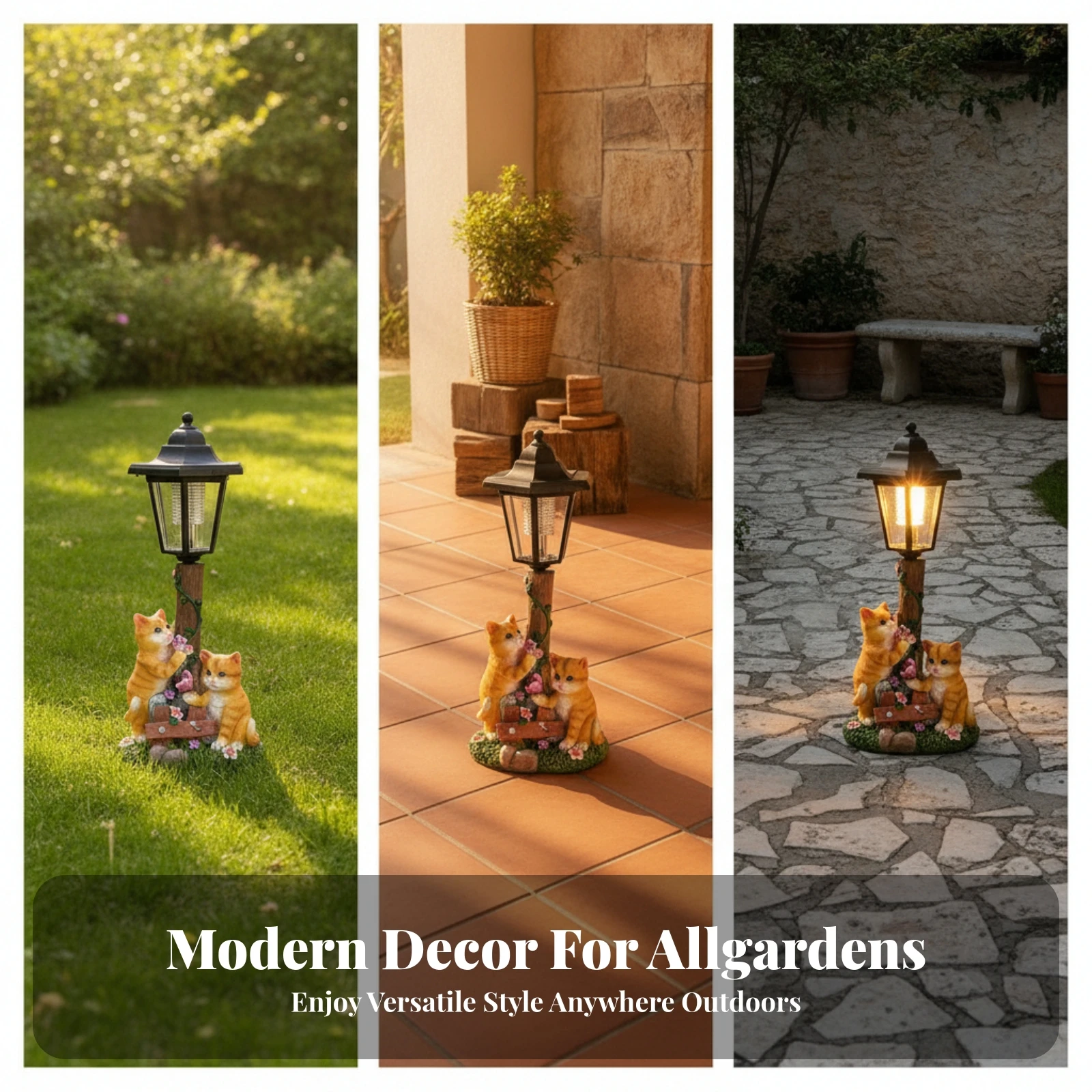 Lantern-Style Lamp on Post Weathered Wood-Look Cat Lantern Ornament Garden Ornament Light Classic Four-Sided Solar Cat Statue