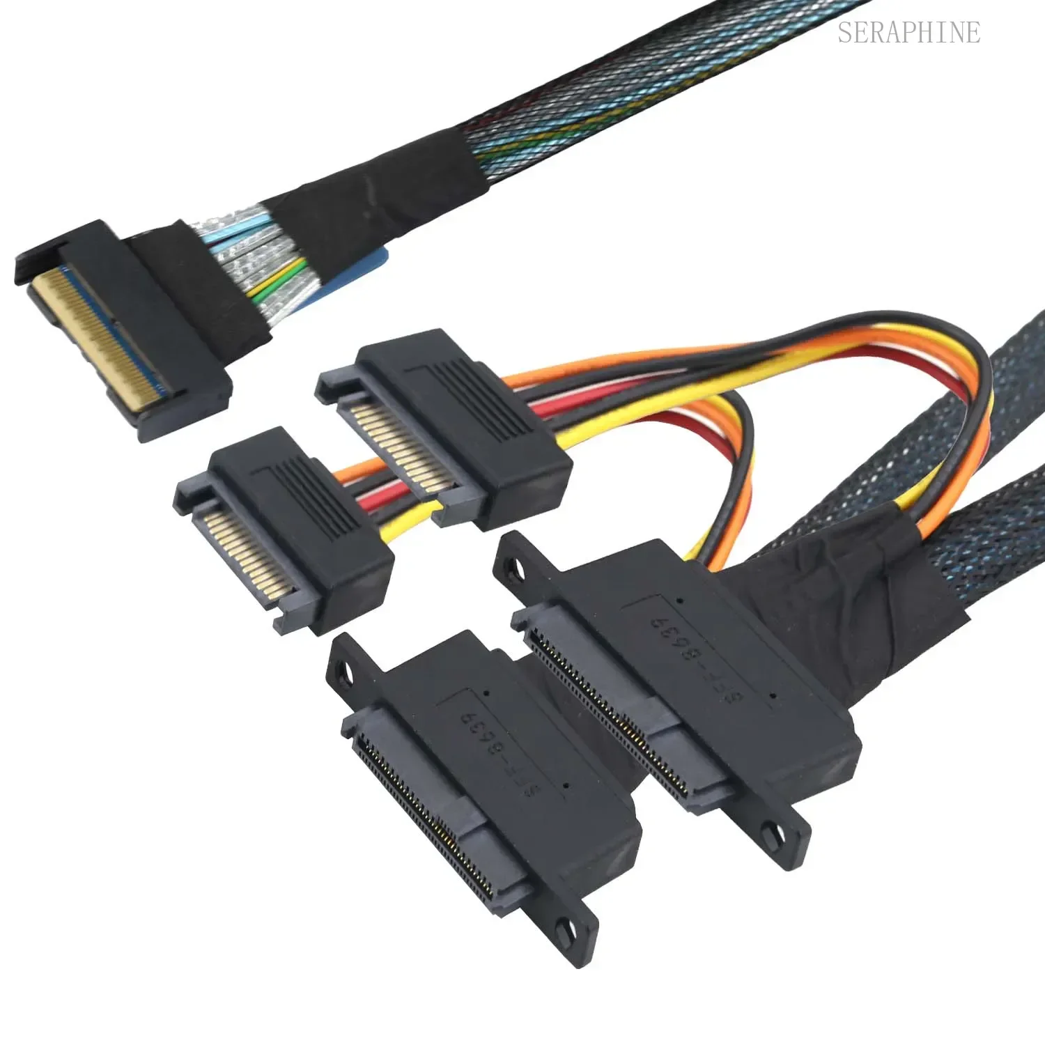 PCIe 5.0 MCIO 8i 74Pin to Dual SFF-8639 U.2 NVMe Adapter Cable for Workstation, Server with 15-Pin Power & Mounting Screw Holes