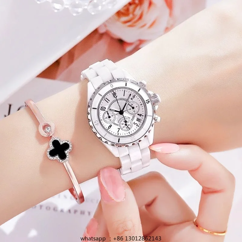 

Новинка 2023, белые керамические спортивные женские часы с хронографом, водонепроницаемые роскошные кварцевые женские часы Water Ghost, корейское издание