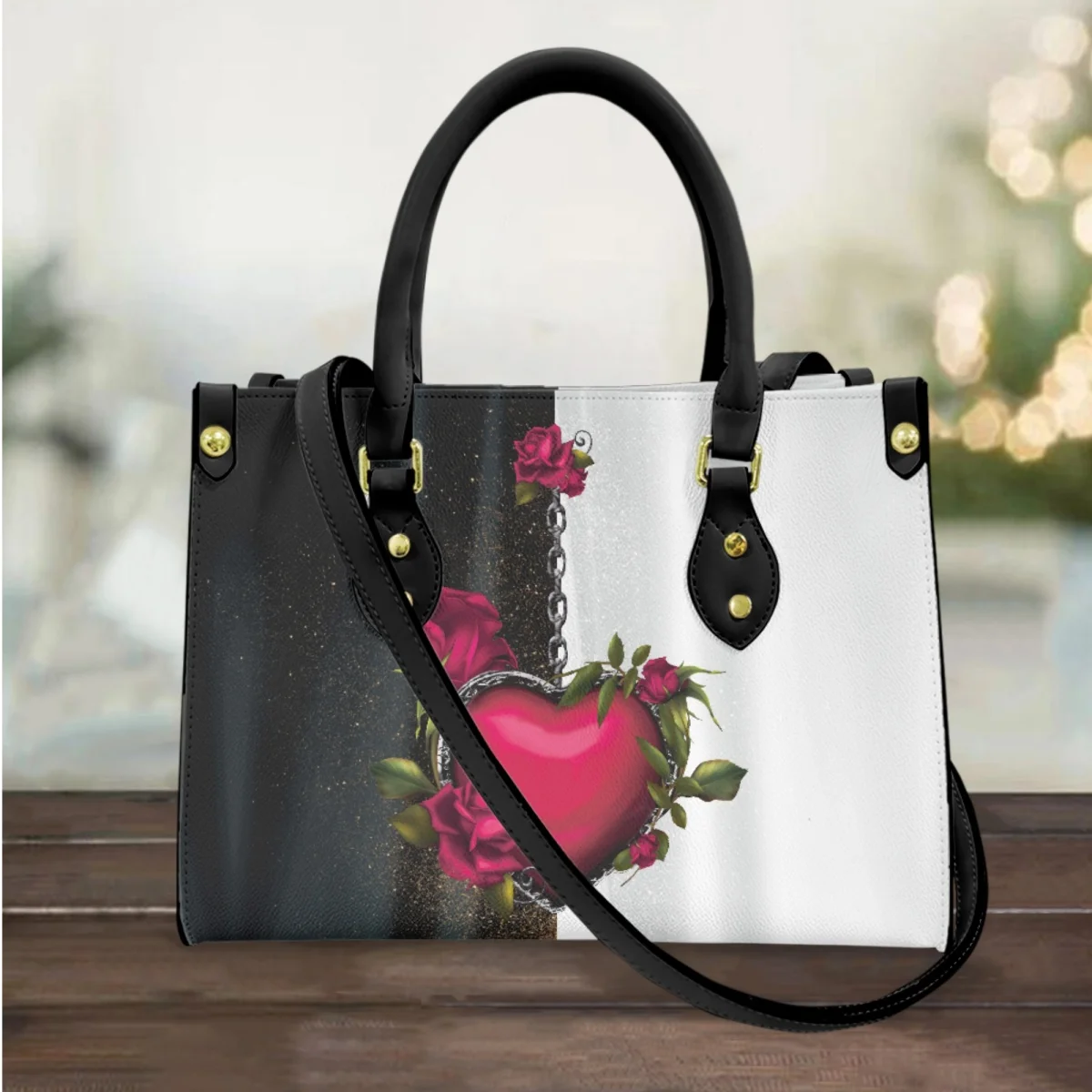 

FORUDESIGNS Fashion Handbag Luxury Leather Top Handle Shoulder Bag Contrasting Color Heart Rose Design Messenger Bag Gift Street