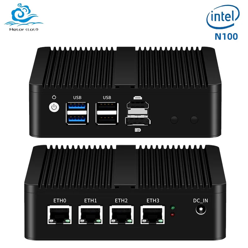 Helorpc 4LAN Industrial Mini PC with Inter N100 DDR5 Max up to 16Gb Support Windows10/11 LINUX Pfsense WiFi Desktop Computer