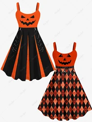 Plus Size Women's  Halloween Costume Pumpkin Rhombus Colorblock Printed New In Spring Summer Daily Casual Cami Tank Dress